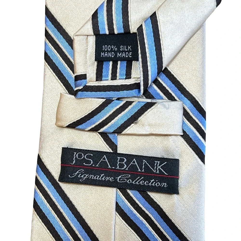 Jos. A. Bank Necktie Mens Cream Blue Striped Silk Signature Collection 60''